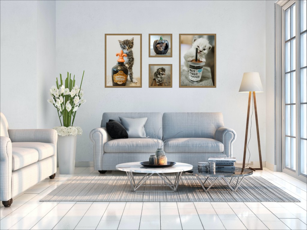 Featuring framed art prints of adorable kittens, both with and without playful props. Perfect for adding charm and whimsy to any space!